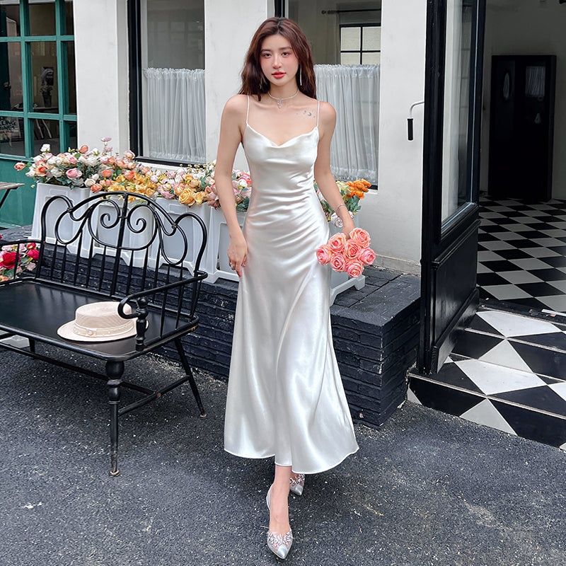 High-grade acetate silk satin white suspender dress mid-length bottoming skirt inner wear R0982