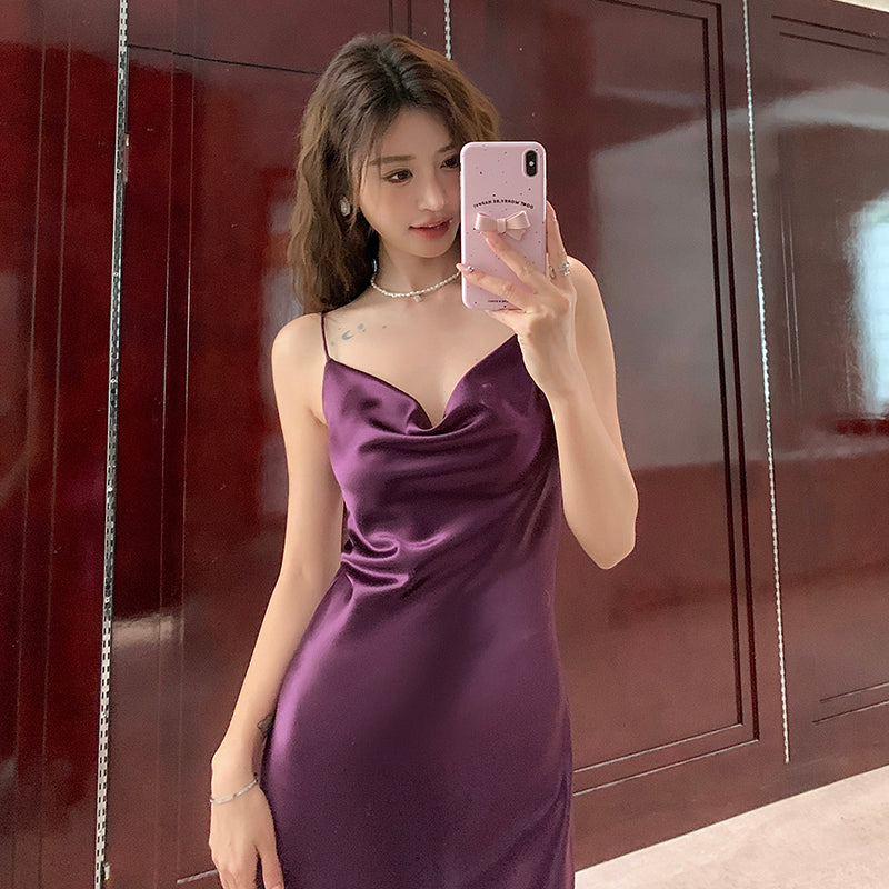 French satin suspender dress Hepburn long skirt with base purple A-line slim vest skirt R0984
