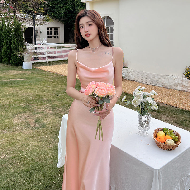 High-grade acetate satin silk dress slim sexy gentle girl pink inner suspender skirt R0990