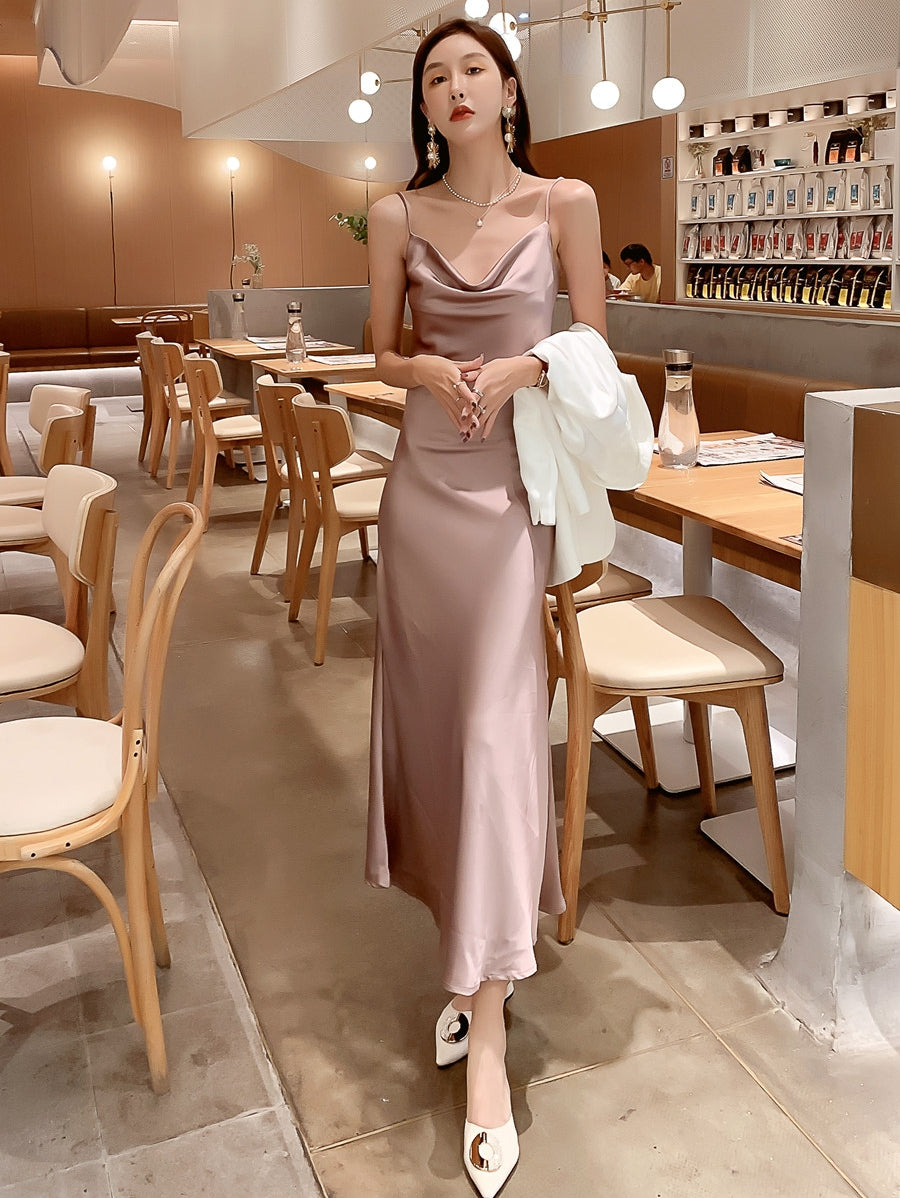 High-end acetate silk satin French suspender dress 2025 new style pink sway collar long dress R0989