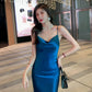 High-grade French suspender dress 25 new high-end silk satin blue temperament skirt slim fit R0988