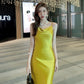 High-end French dress sexy silk satin sway collar niche design pure desire suspender skirt R0992