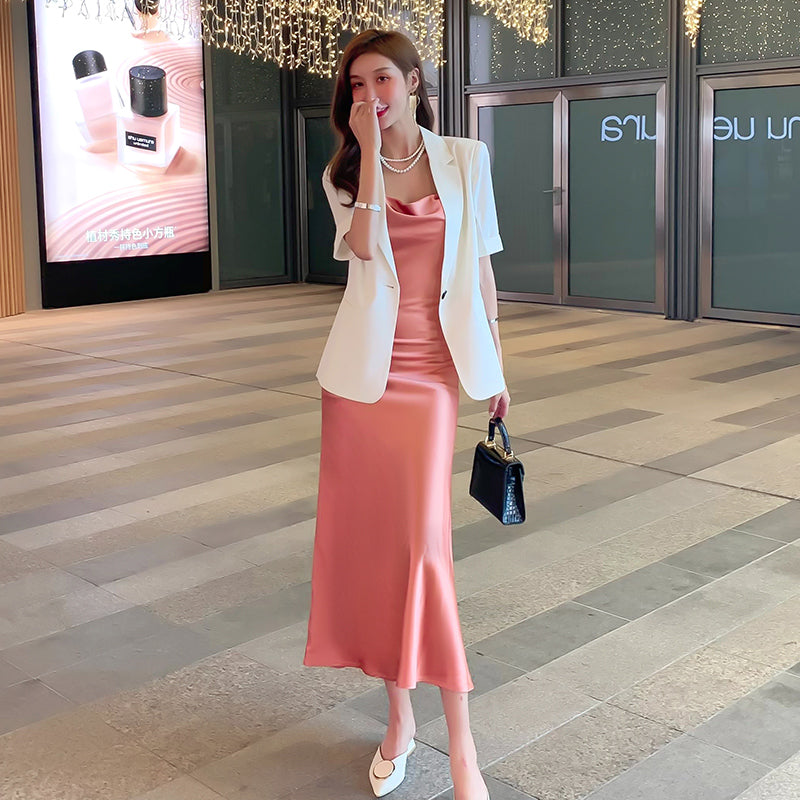 Silk suspender dress mid-length satin waist temperament inner wear bottoming long skirt R0994