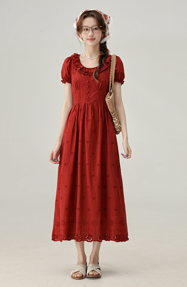 French retro red puff sleeve dress beautiful holiday dress R1934