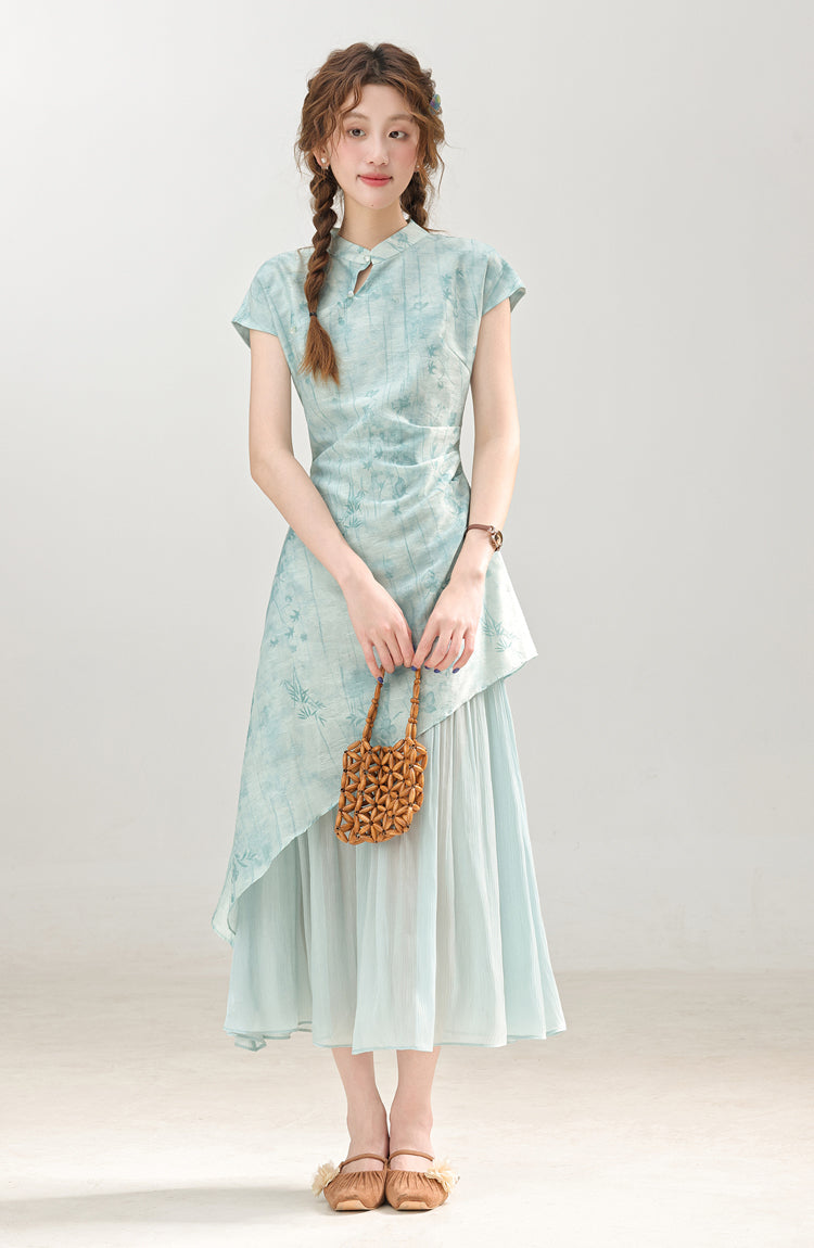 New Chinese style blue improved cheongsam dress cool feeling skirt R1937