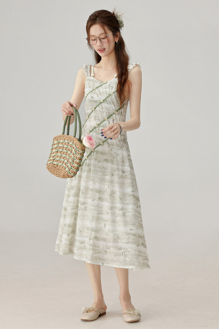 2025 Temperament Green Floral Suspender Dress Holiday Style Dress R1936