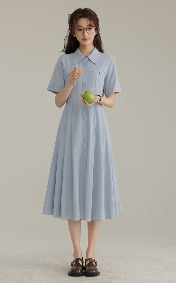 French new blue college style dress waist pleated shirt skirt R1938