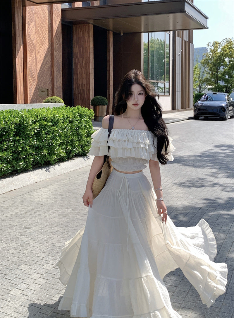 Summer beautiful one-shoulder short top a-line skirt beautiful two-piece suit R0853