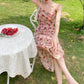 Tea break French style swing collar pink sling floral chiffon dress new waisted mid-length long skirt R0081