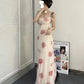 Human peach print elastic mesh suspender dress for women summer slim and tall sexy high-end long skirt R0089
