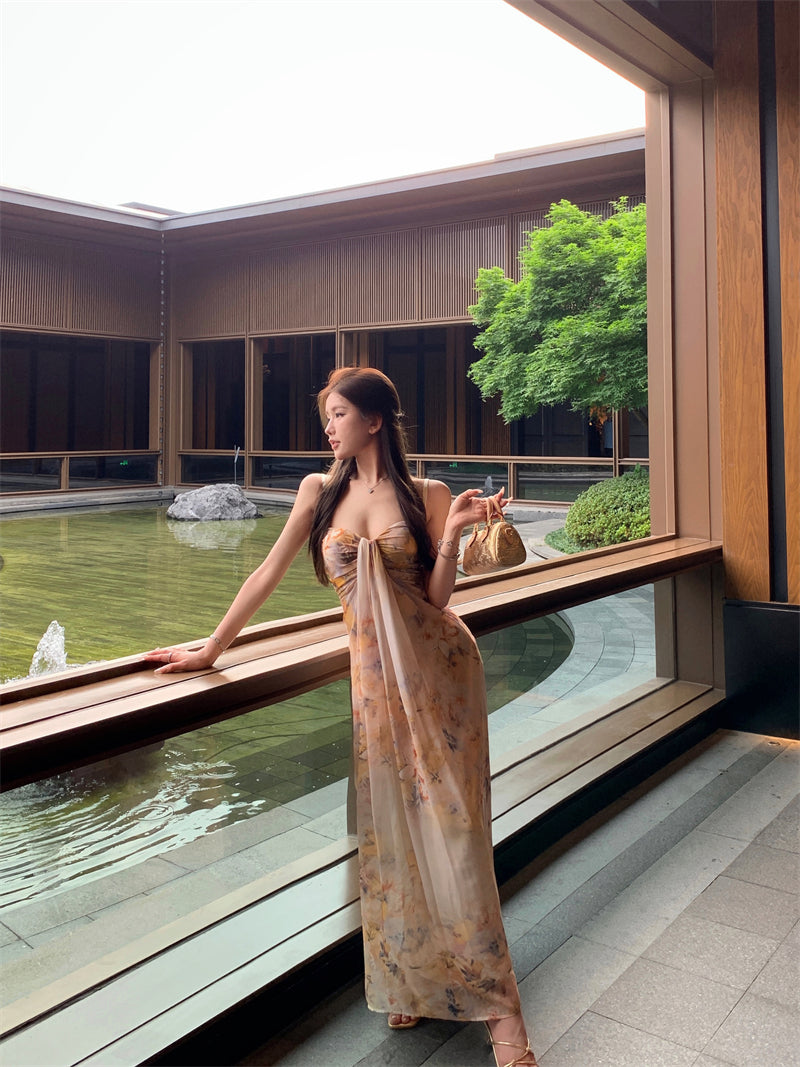 French style beautiful sling dress seaside holiday green print dress beach dress R1564