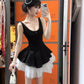 French black suspender dress retro temperament waist fluffy mesh dress R0885