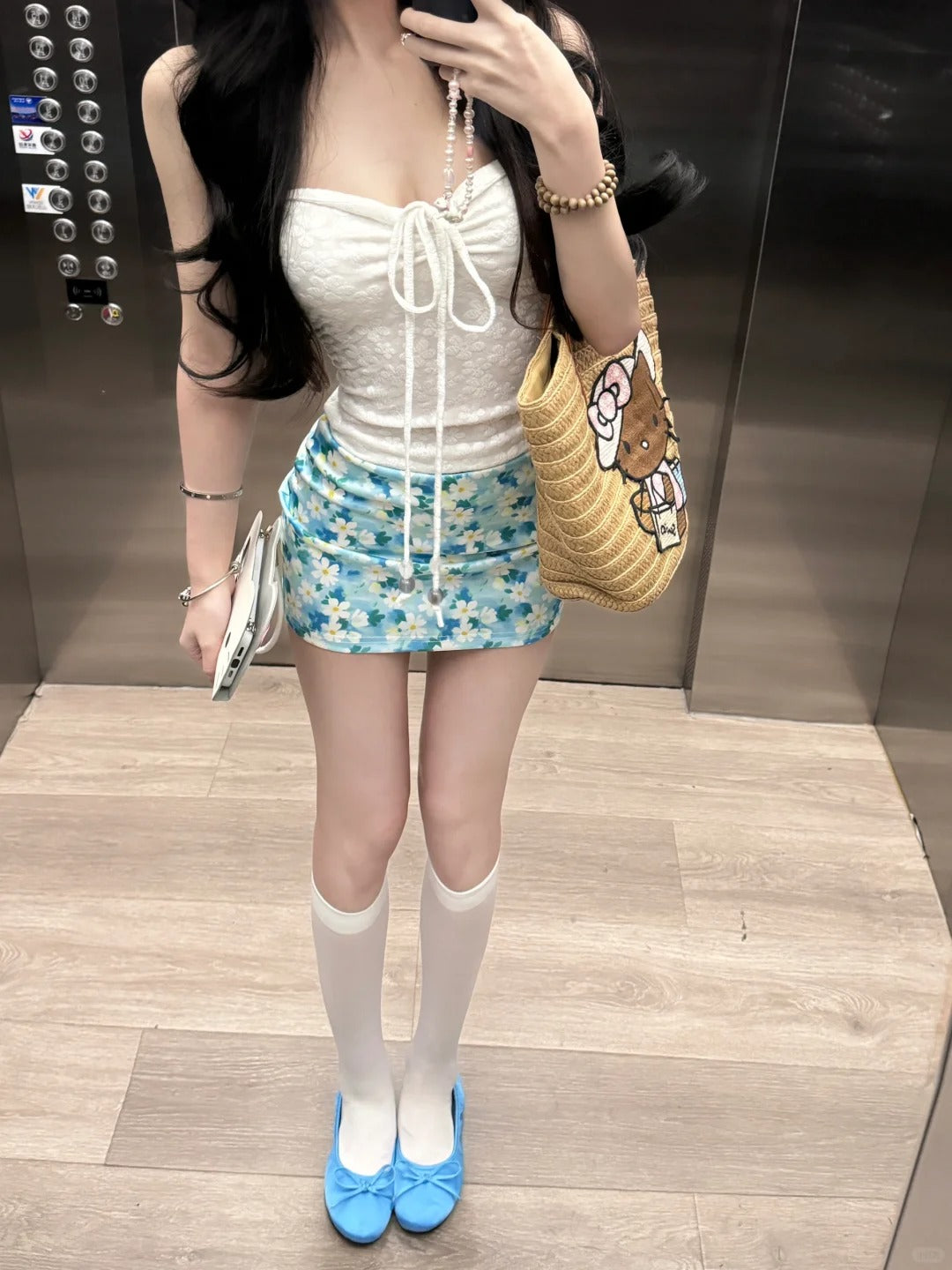 Holiday style gentle temperament beautiful jacquard halter neck top floral skirt two-piece suit R0886