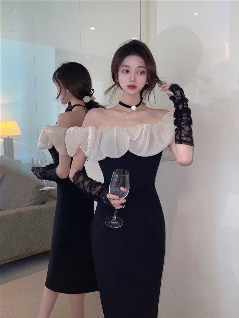 French style one shoulder dress slit gentle style banquet bridesmaid dress long skirt R1429