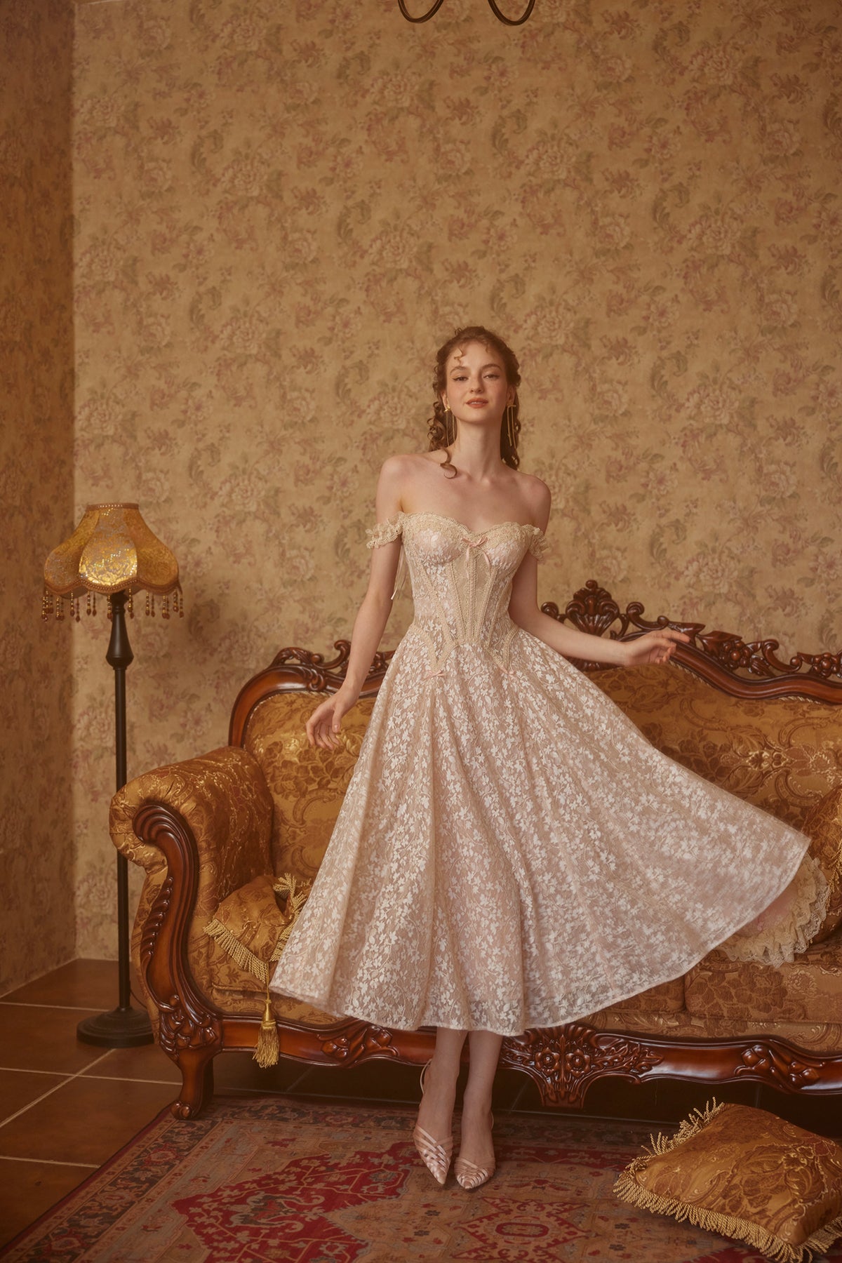 French style heavy lace suspender fishbone dress light evening gown R5065