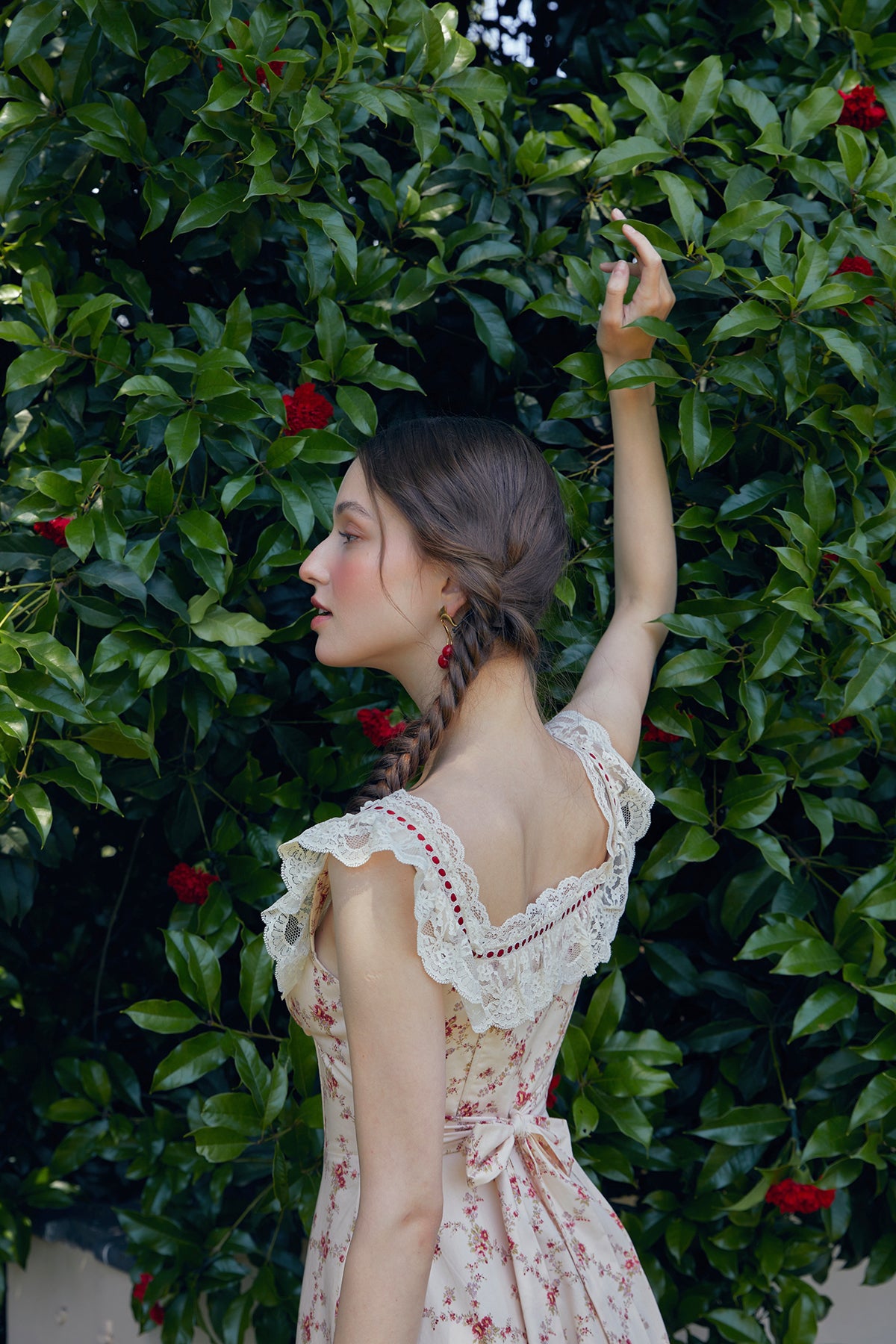 French cotton pastoral lace print dress fishbone skirt square neck women R5071