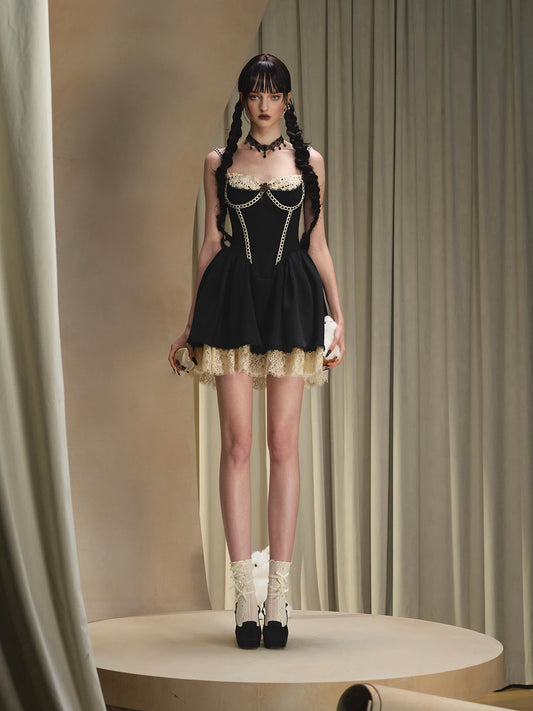 French little black dress fishbone suspender dress light dress tutu skirt R5073