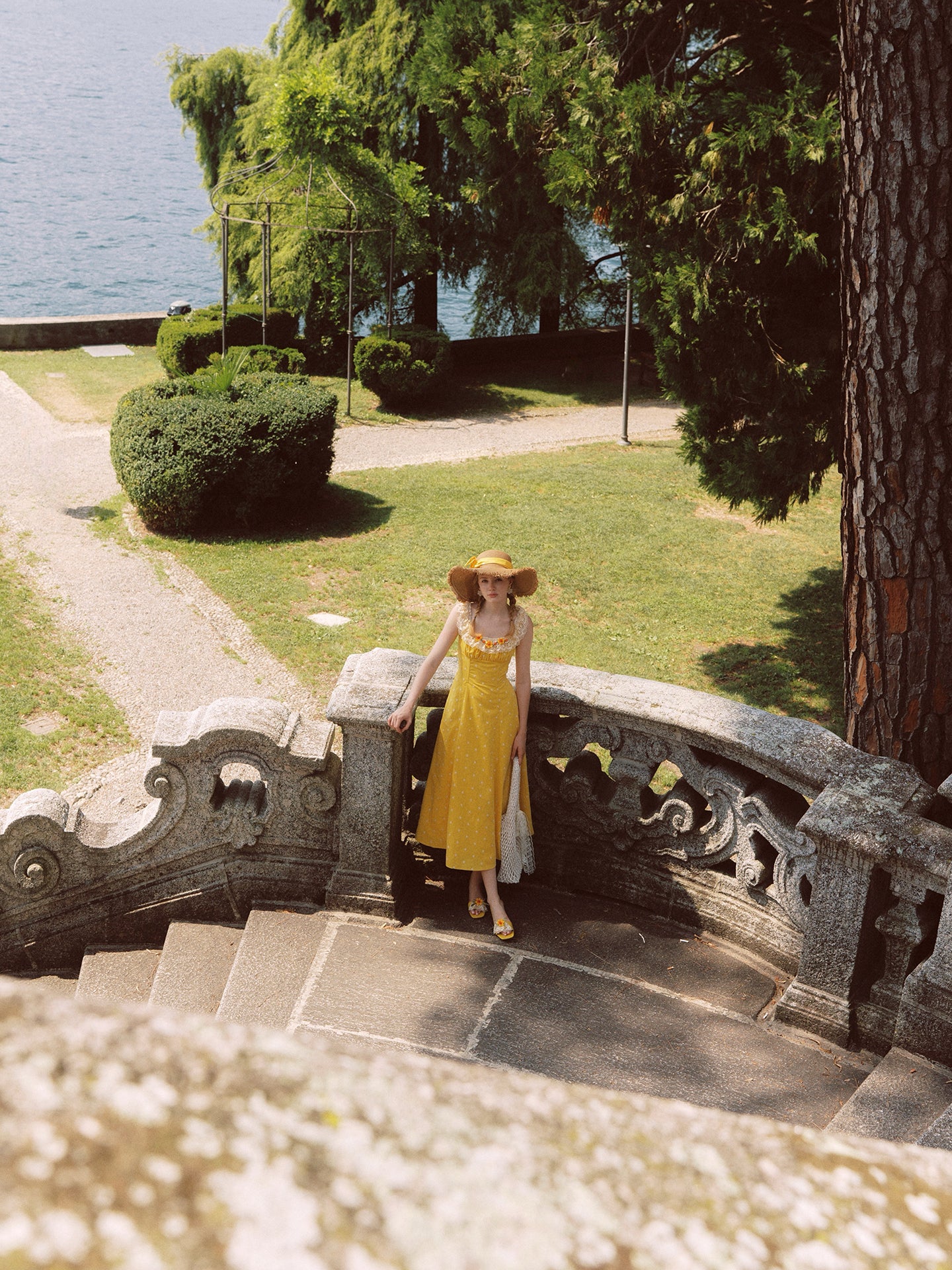 French pastoral style yellow suspender long dress lace girlish dress R5068