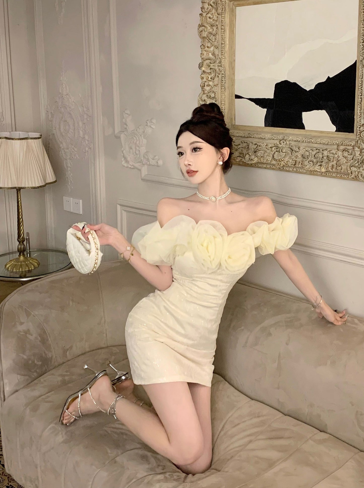 Temperament flower one-shoulder dress niche design banquet small dress R0797