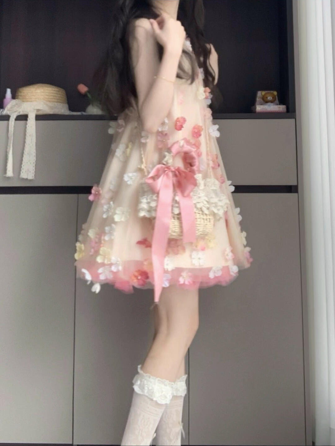 Gentle and sweet style flower off-shoulder halter dress beautiful loose A-line skirt R0798