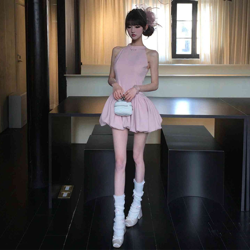Pink sleeveless vest dress gentle temperament waist fluffy flower bud skirt R0799