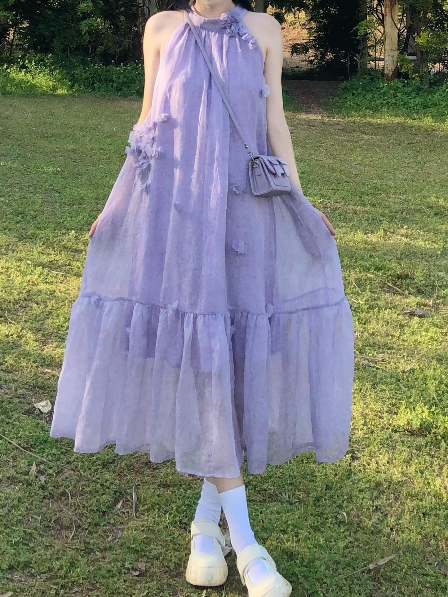 Atmosphere small skirt gentle temperament A-line long skirt purple halter neck dress R0671