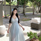 Blue V-neck suspender dress beautiful gentle temperament small skirt R0669