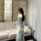 Green floral suspender dress, elegant waist slim beach dress R0670