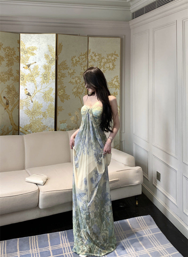 Green floral suspender dress, elegant waist slim beach dress R0670