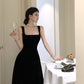 Square neck suspender dress temperament slim Hepburn style evening party black long dress R1484