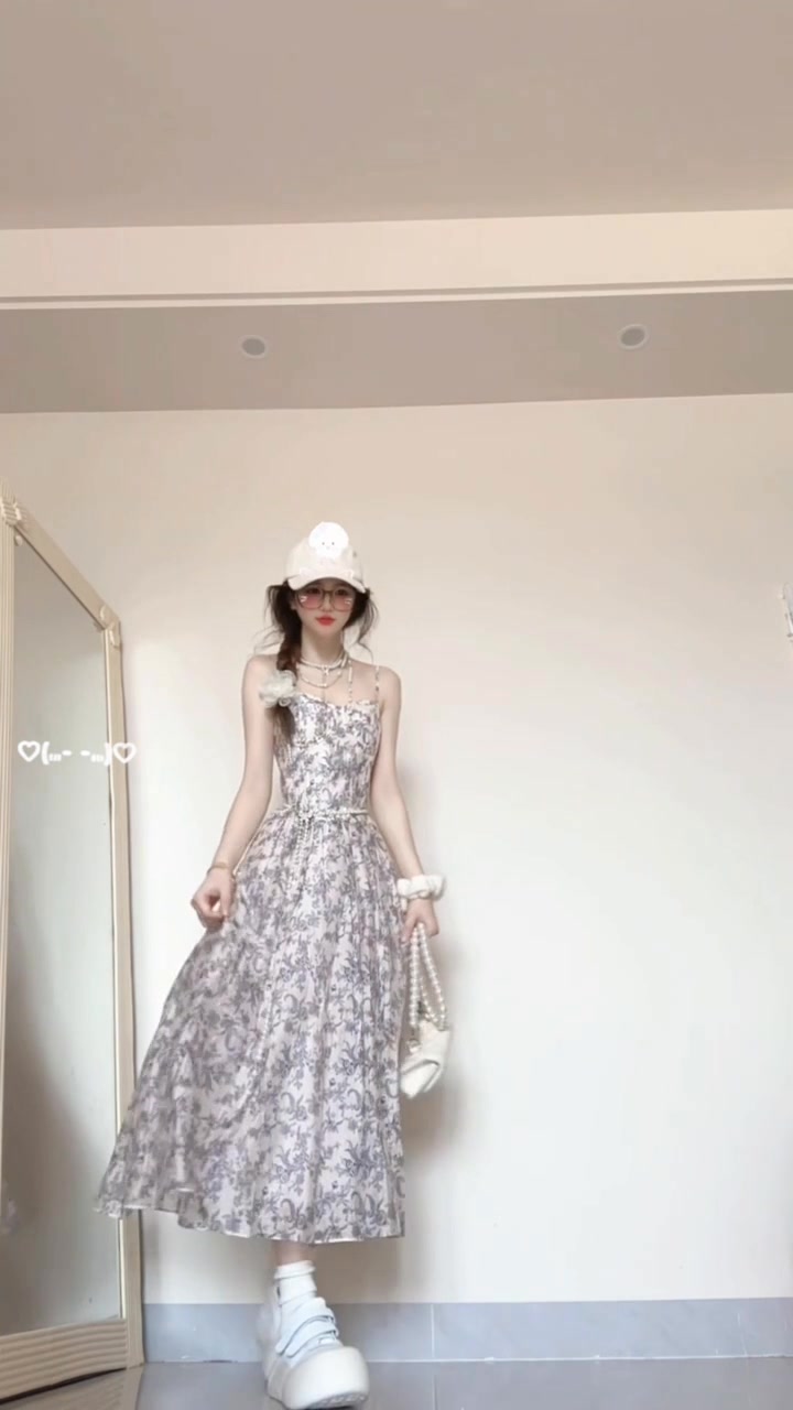 Floral suspender dress new style beautiful waist temperament long dress R0590