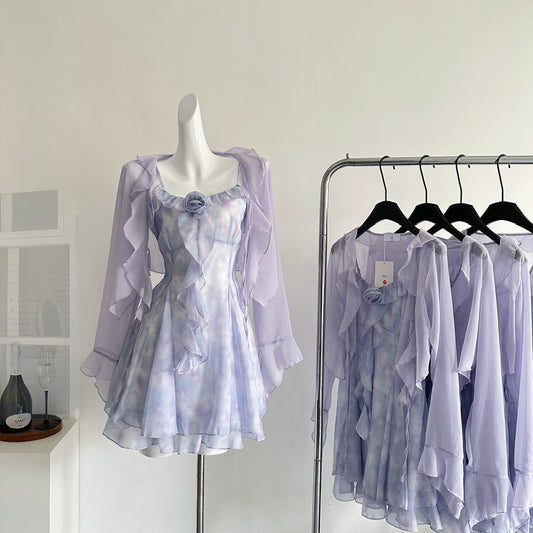 Purple floral suspender skirt cardigan suit 2025 new atmosphere two-piece suit R2018