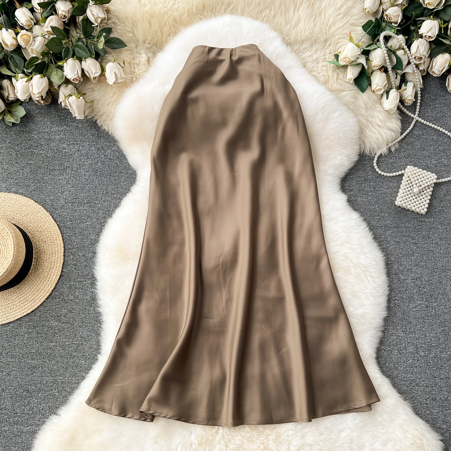 High-end satin skirt, high waist, slimming, medium-length fishtail skirt R2194