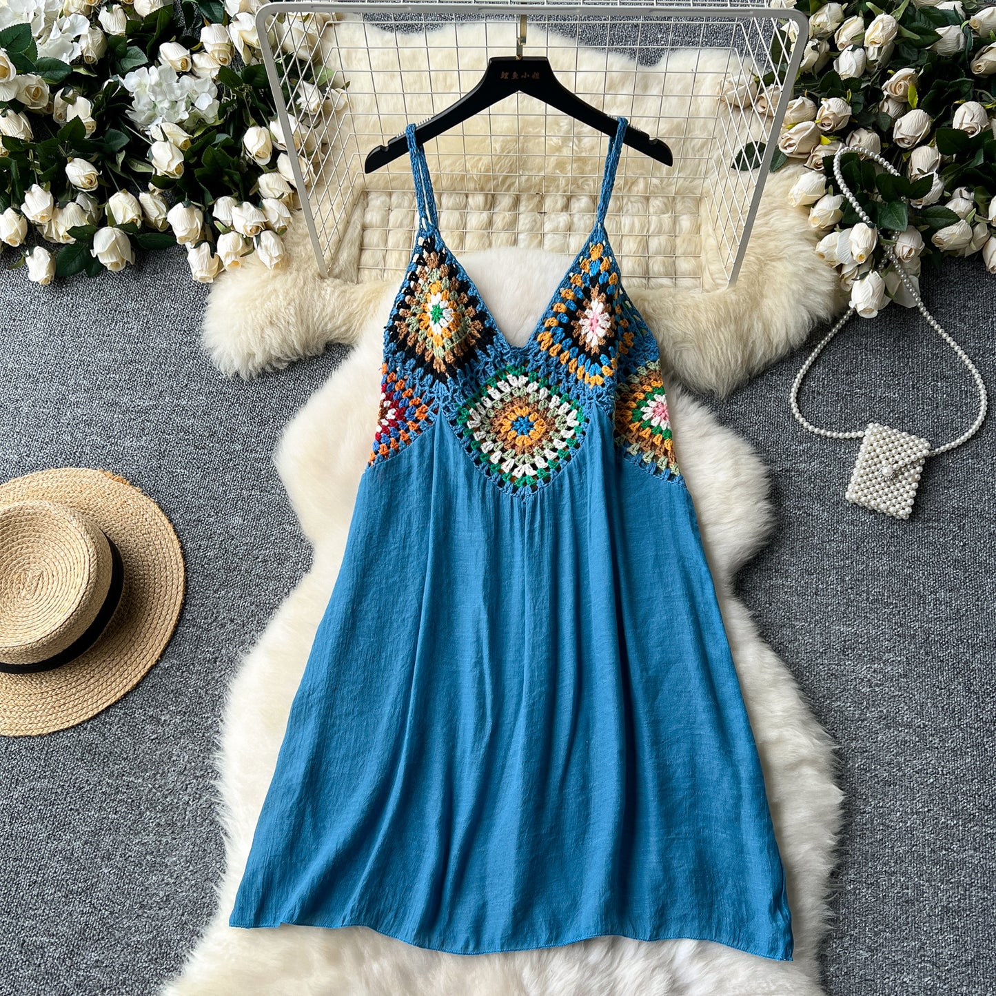 Bohemian holiday style suspender dress hollow color crochet stitching loose a-line beach skirt R2191