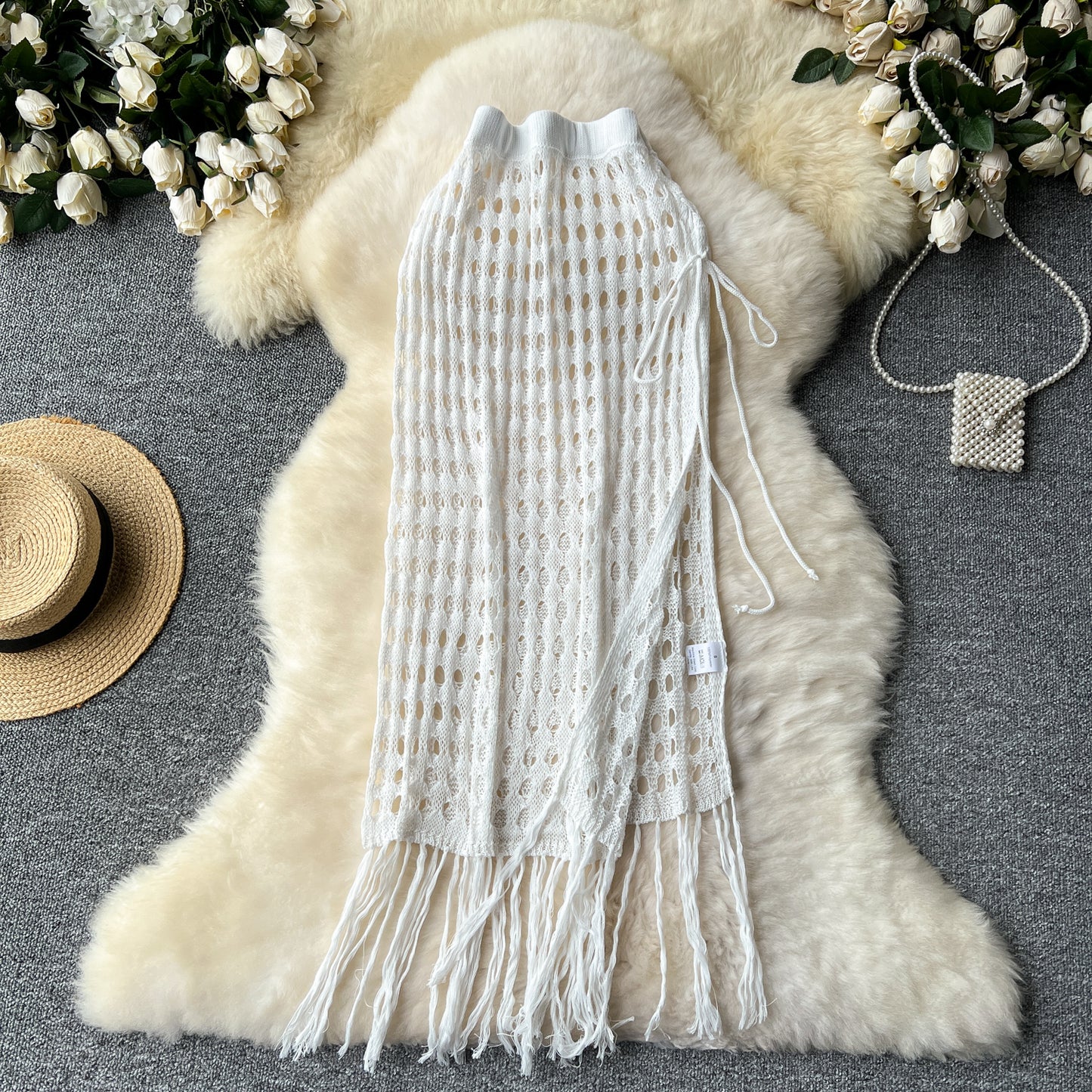 Sexy holiday hollow mesh skirt slit lace up outer knitted tassel beach skirt R2192