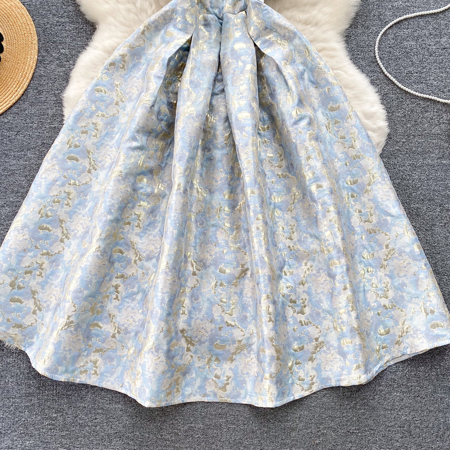 Palace style dress French square collar slim waist slimming gold stamping retro dress R2193