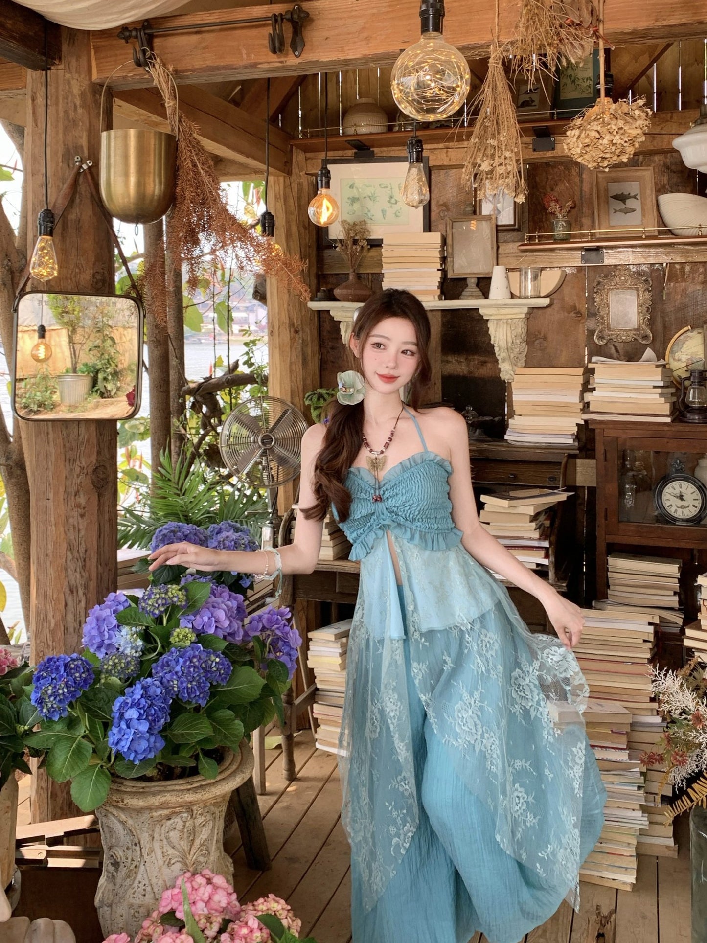 Beautiful unique green tube top casual wide leg pants two piece suit 2025 R0780