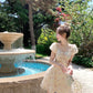 French yellow floral short-sleeved dress, beautiful summer skirt R3867