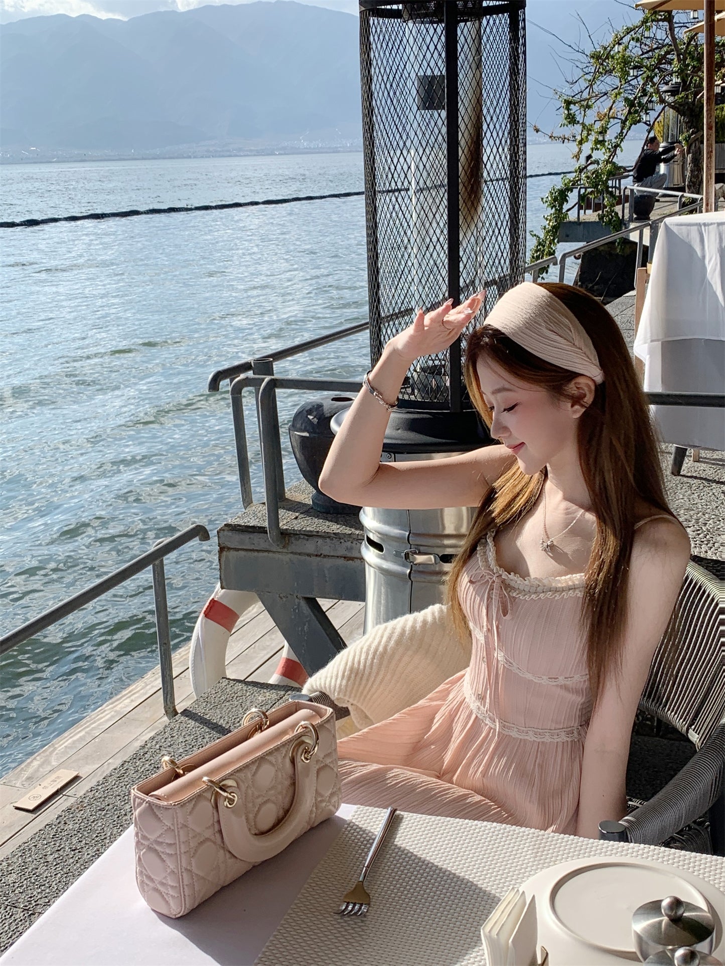 Gentle fairy nude pink lace sling long skirt dress R3872