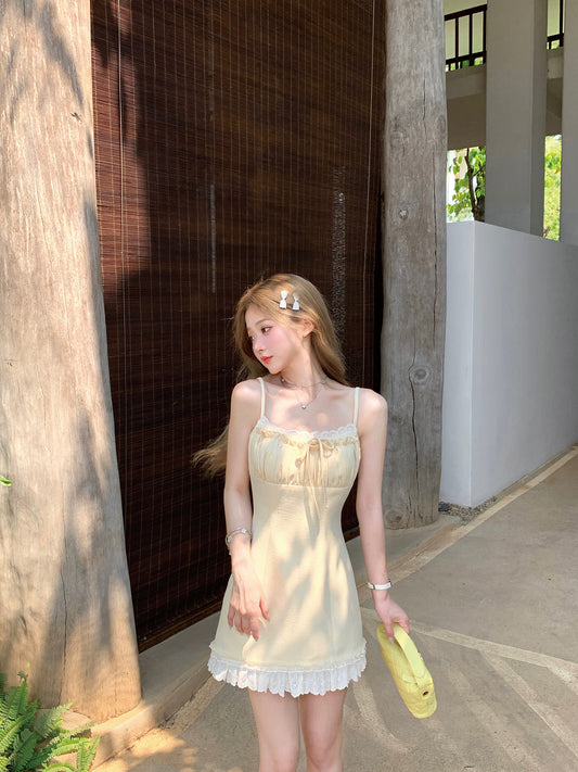 Cream yellow Chanel style suspender dress beautiful summer skirt R3874