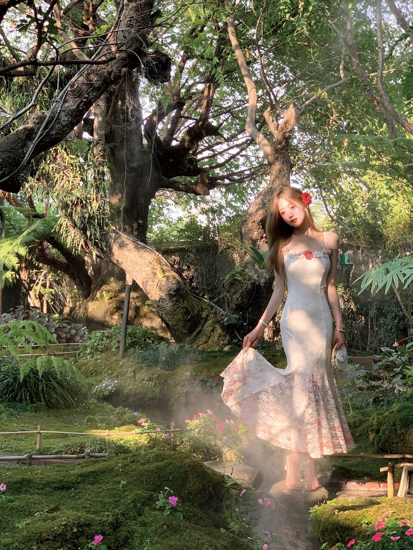 Summer fishtail design floral long skirt with suspenders for holiday R3868