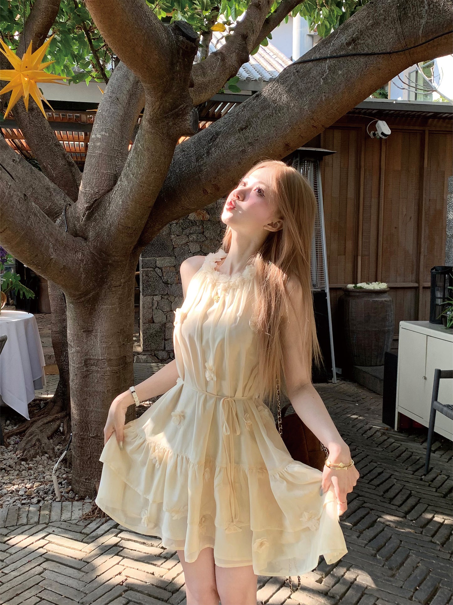 Cream Yellow Halter Neck Dress Summer French Tulle Short Skirt Babydoll Skirt R3833