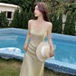 Shiny silk champagne mermaid v French sling slim long dress draped slim dress R1002