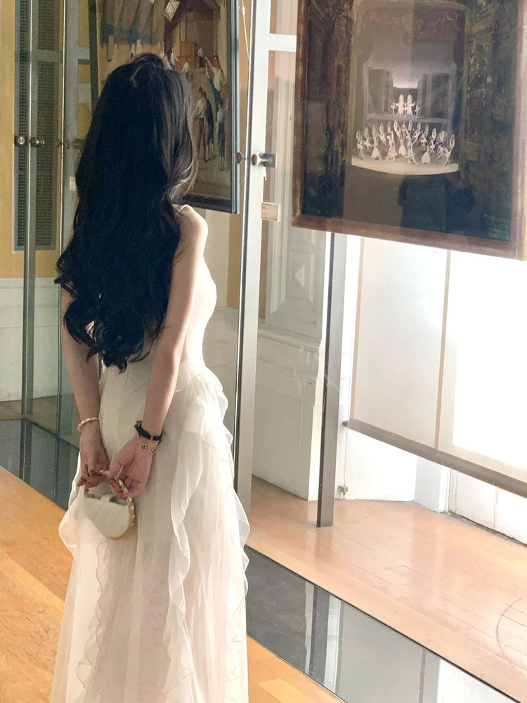 Holiday French style white suspender dress niche design slim fit fairy long dress R1812