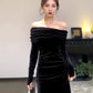 Hepburn style birthday dress high-end niche temperament black one-shoulder velvet dress R1813