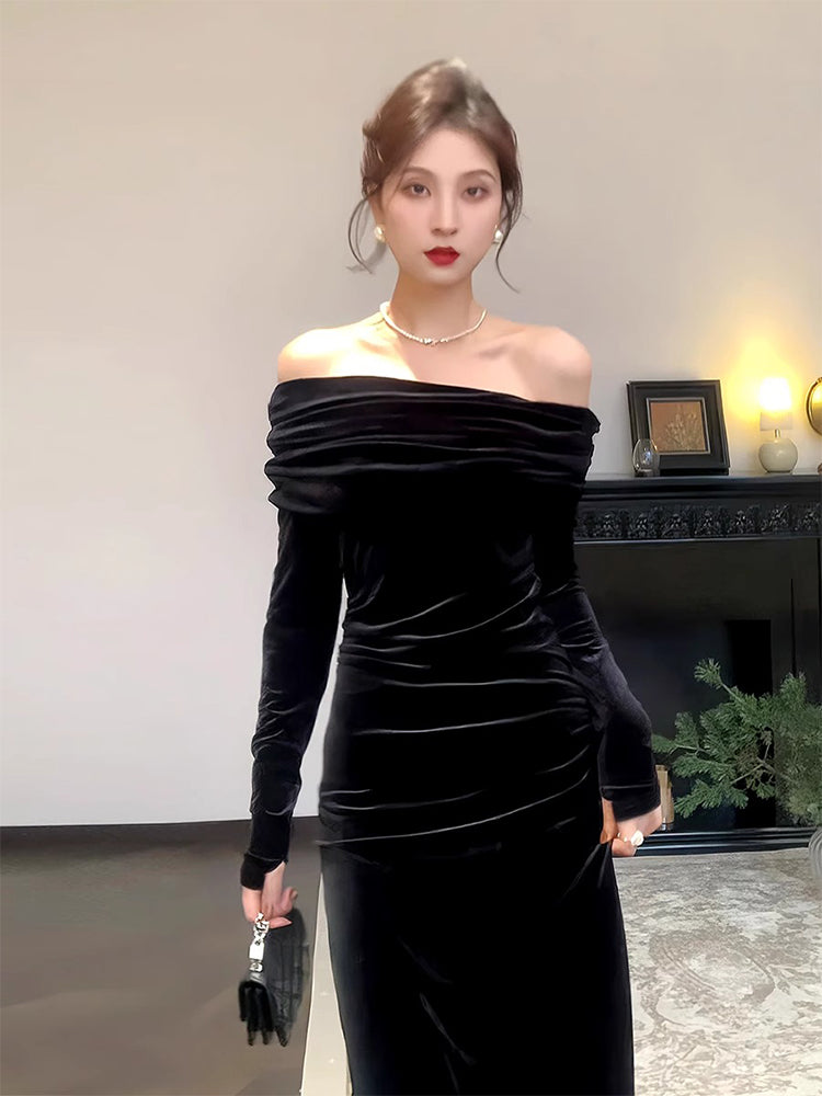 Hepburn style birthday dress high-end niche temperament black one-shoulder velvet dress R1813