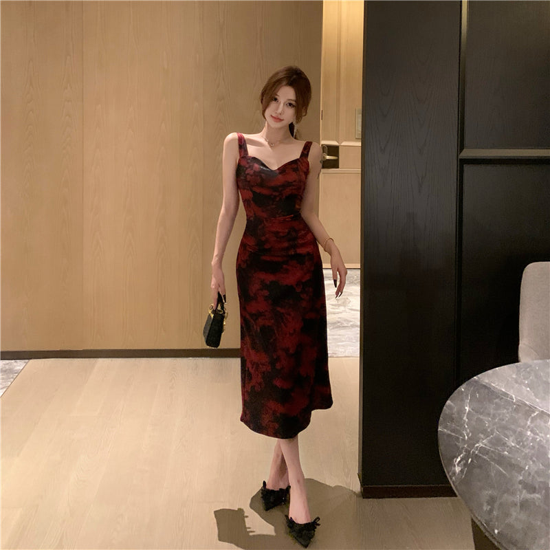 Light and mature retro print suspender dress waist and hip long skirt R0593