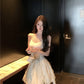 Gentle style v-neck ruffled suspender dress temperament waist A-line short skirt R0594
