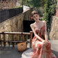 French style beautiful sling dress seaside holiday green print dress beach dress R1564