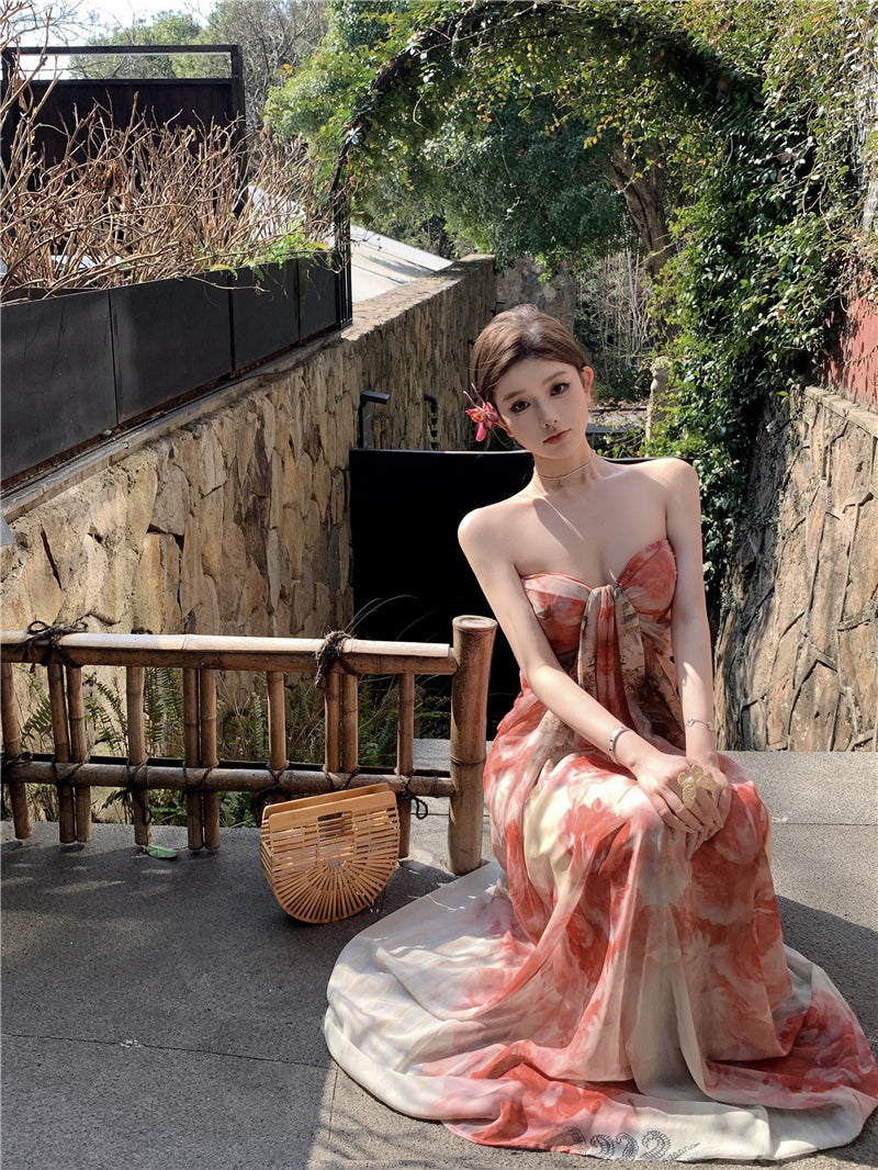 French style beautiful sling dress seaside holiday green print dress beach dress R1564